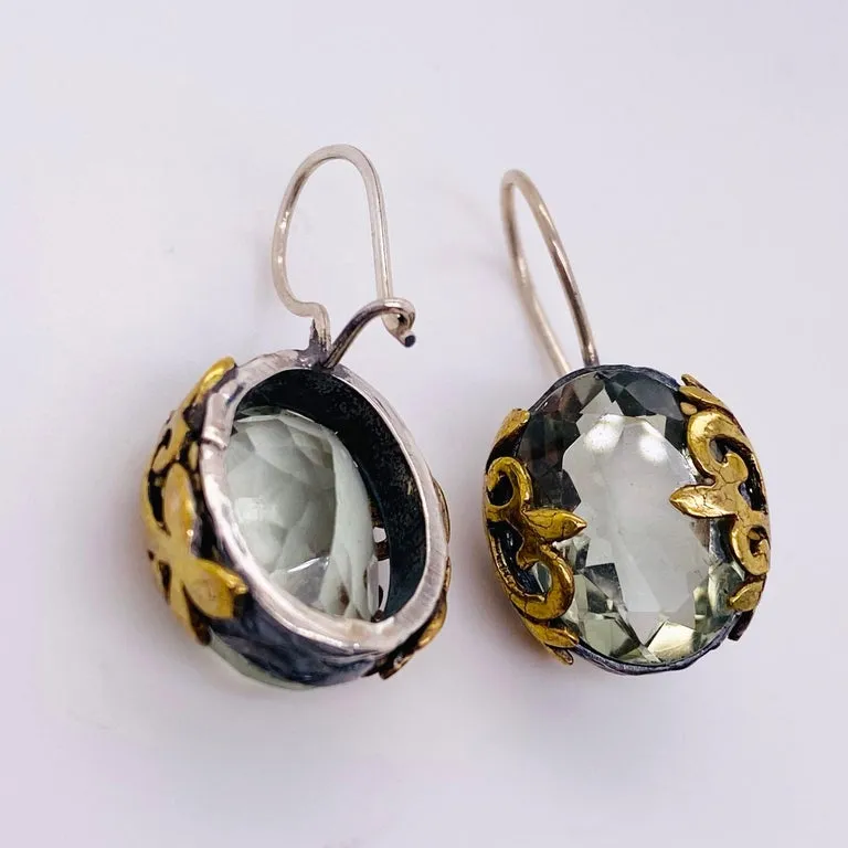 Green Amethyst Dangle Earrings with Gold Design