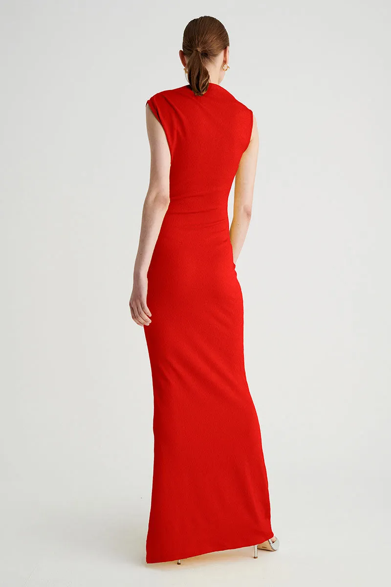 Jacqui Rouched Front Midi Dress  - Red