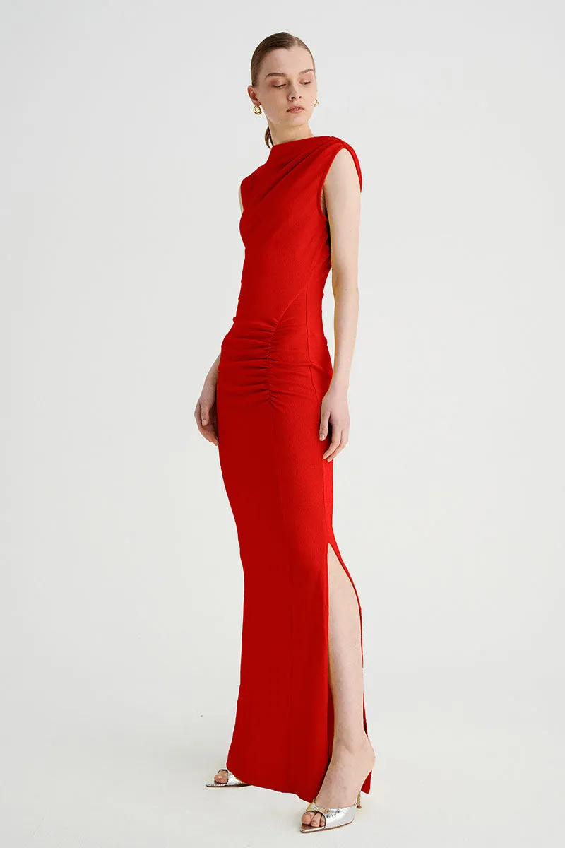 Jacqui Rouched Front Midi Dress  - Red