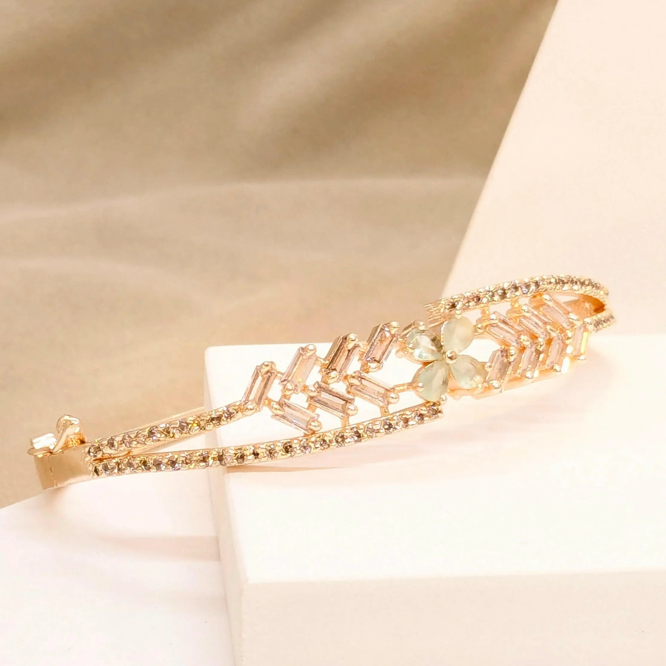 Light Green Floral Petals Double layer American Diamond Bracelet