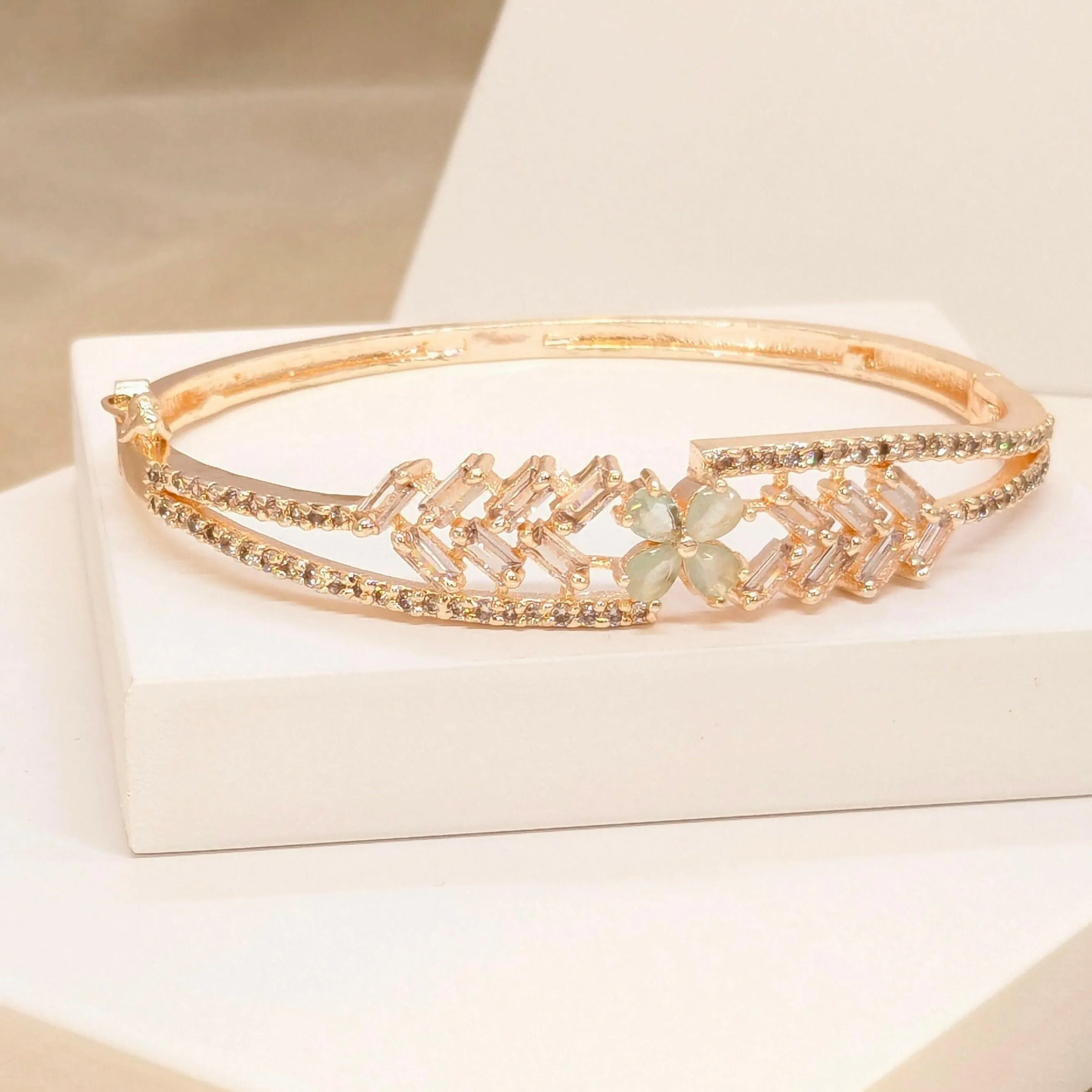 Light Green Floral Petals Double layer American Diamond Bracelet