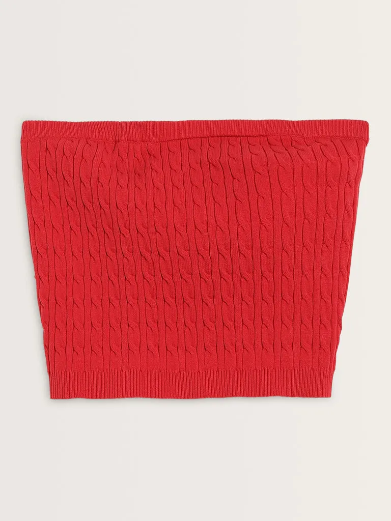 Nuon Red Knit-Textured Cotton Blend Tube Top