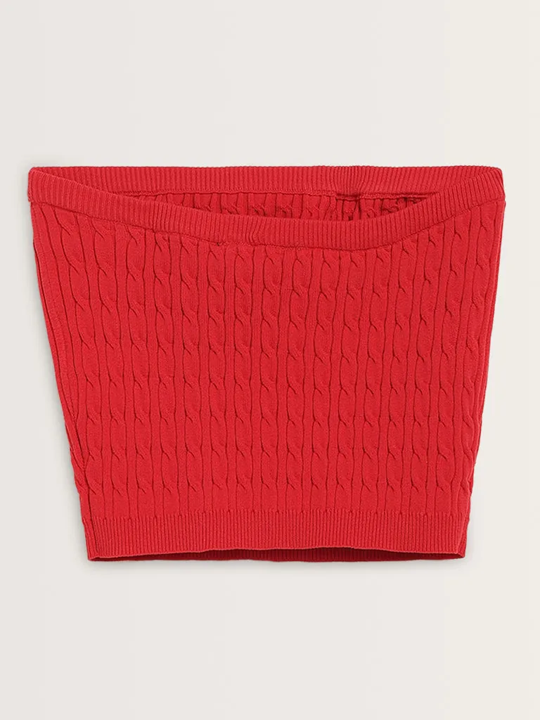 Nuon Red Knit-Textured Cotton Blend Tube Top