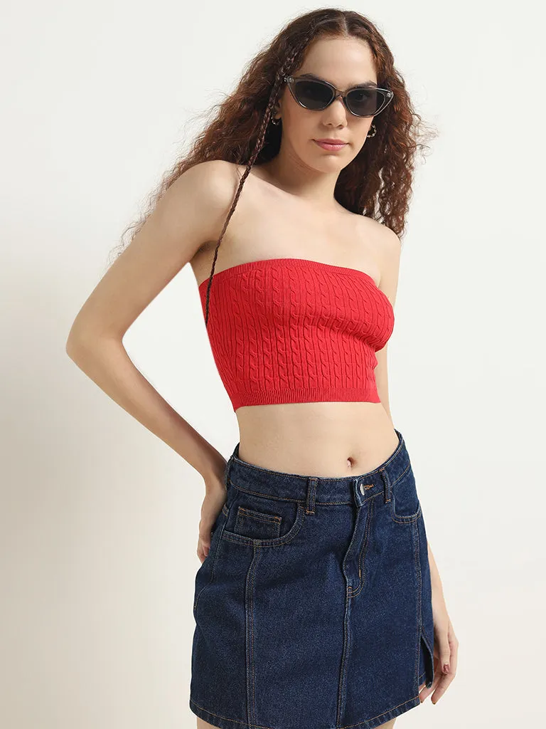 Nuon Red Knit-Textured Cotton Blend Tube Top