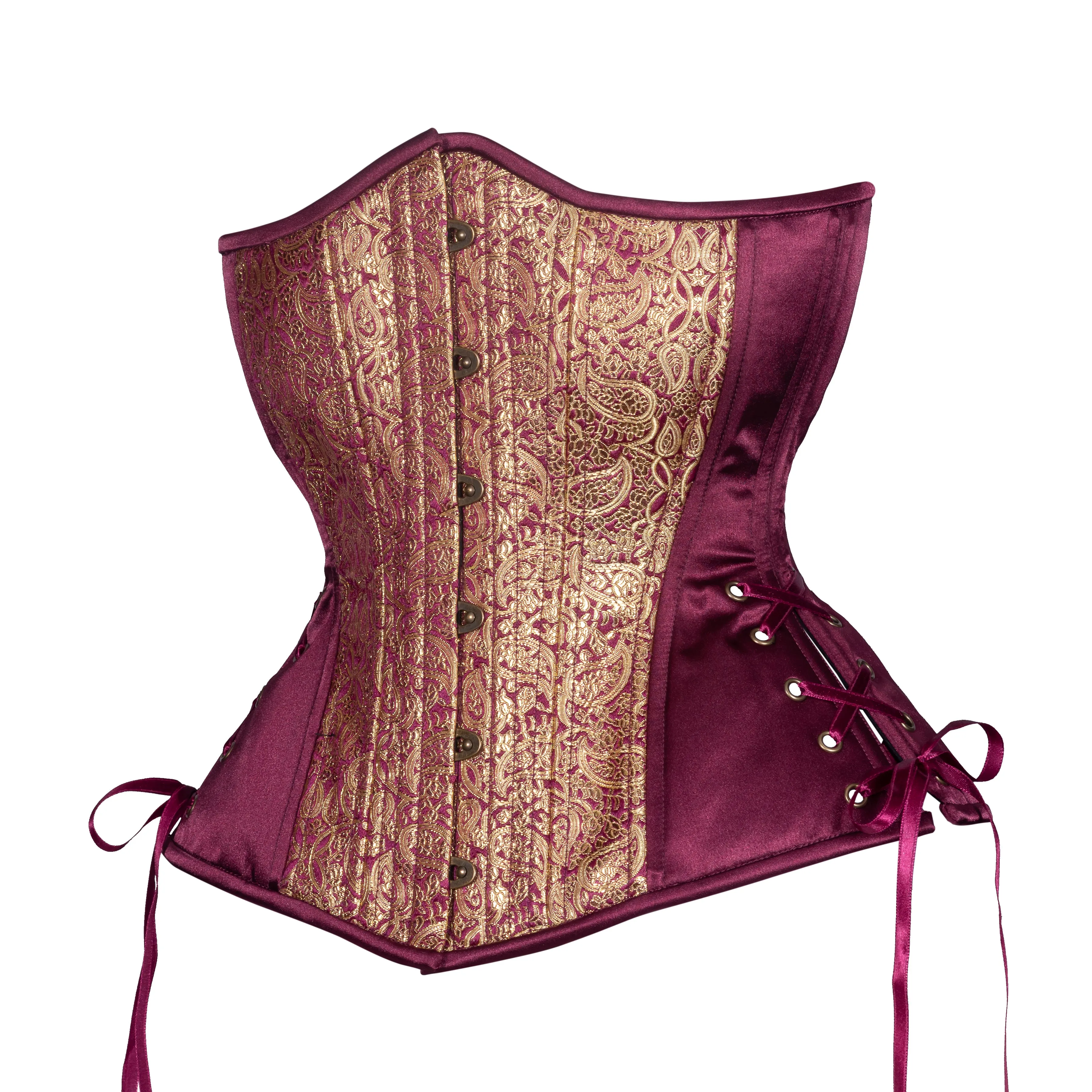 Plum and Gold Brocade Corset, Hourglass Silhouette, Long