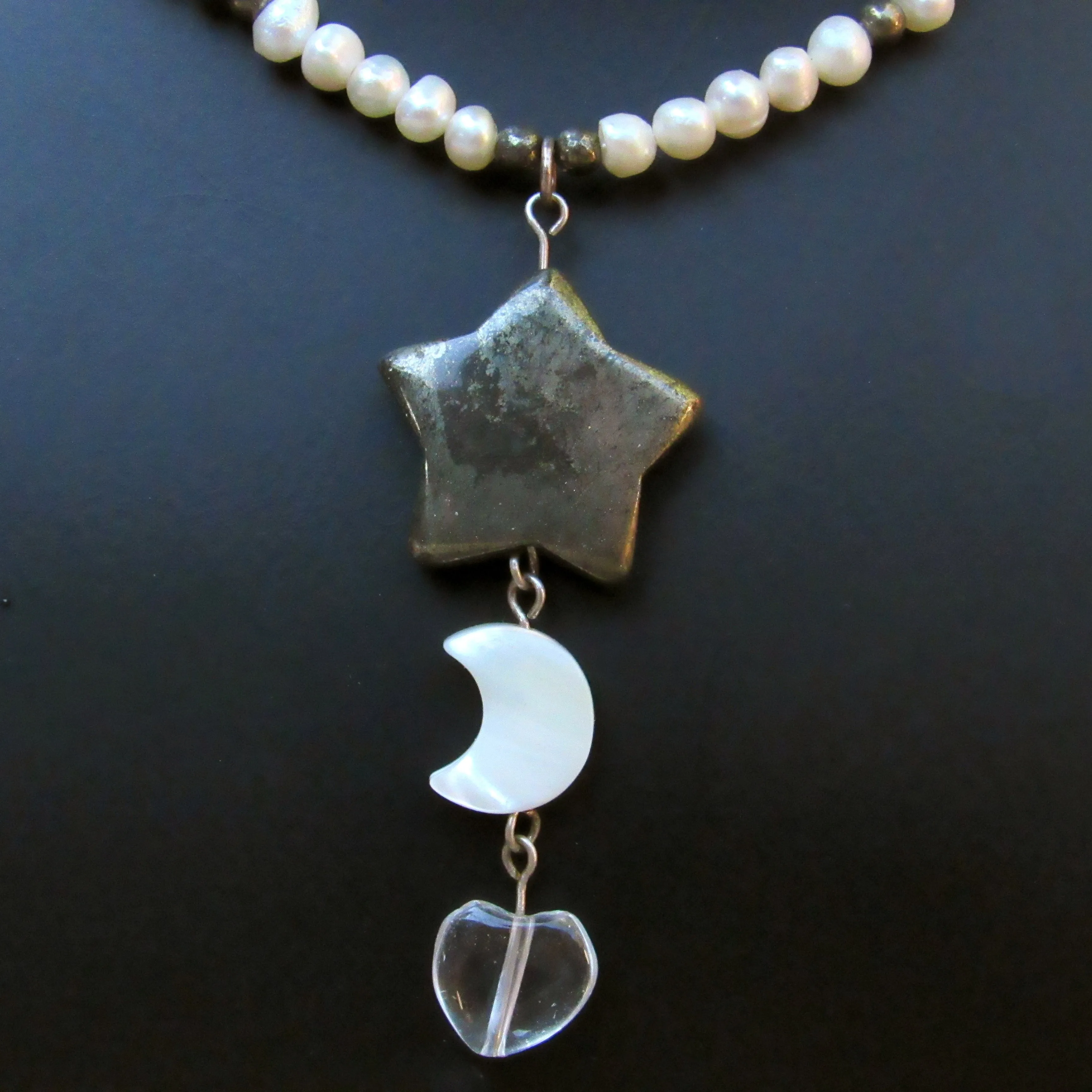 Pyrite Star, Mother of Pearl Moon, Clear Quartz Heart gemstone Necklace