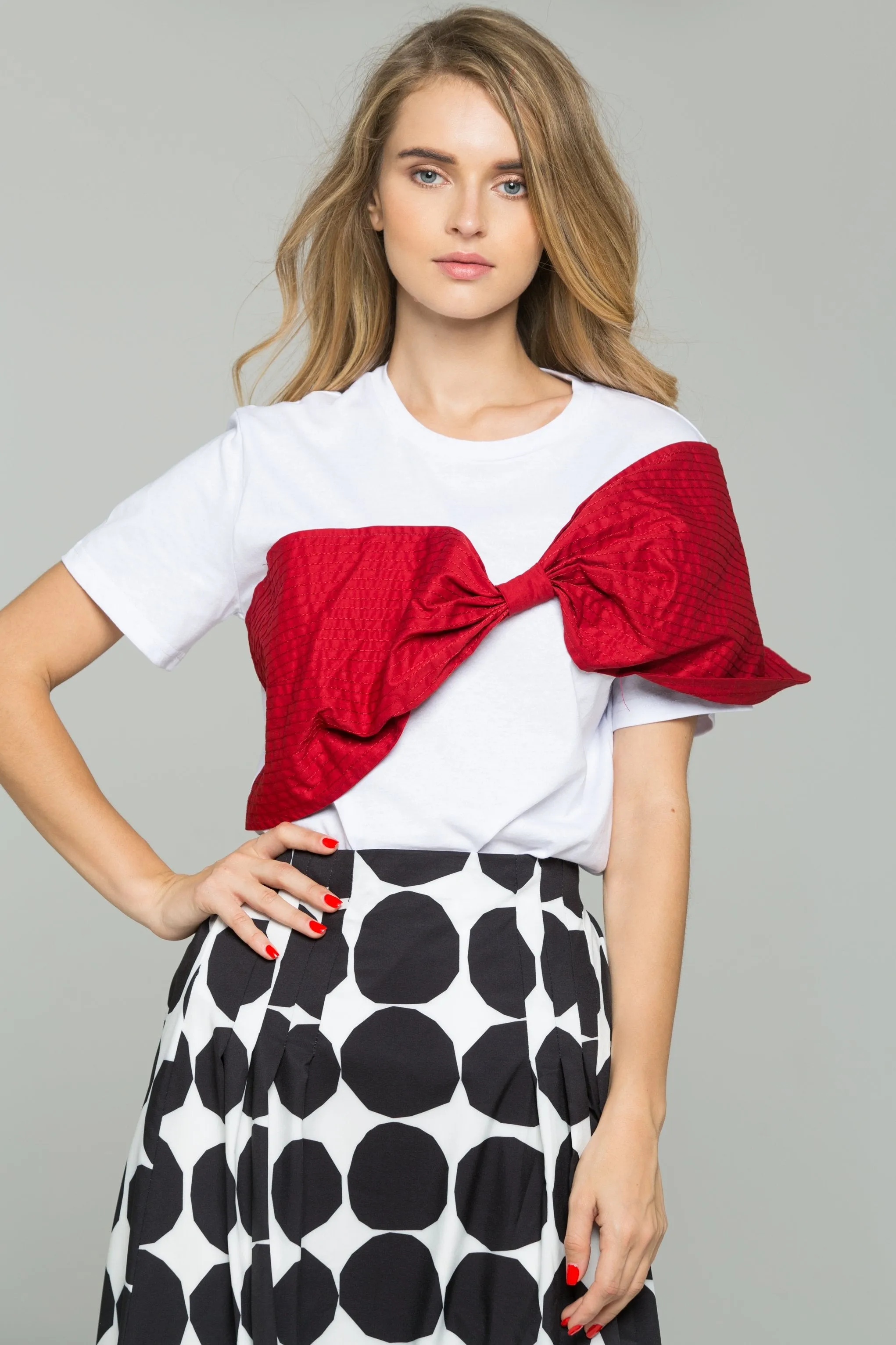 Red Crepe Textured Fabric Bow Over White T-Shirt