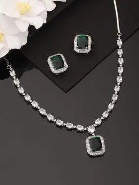 Rhodium-Plated Green American Diamond Studded Handcrafted Jewelry Set