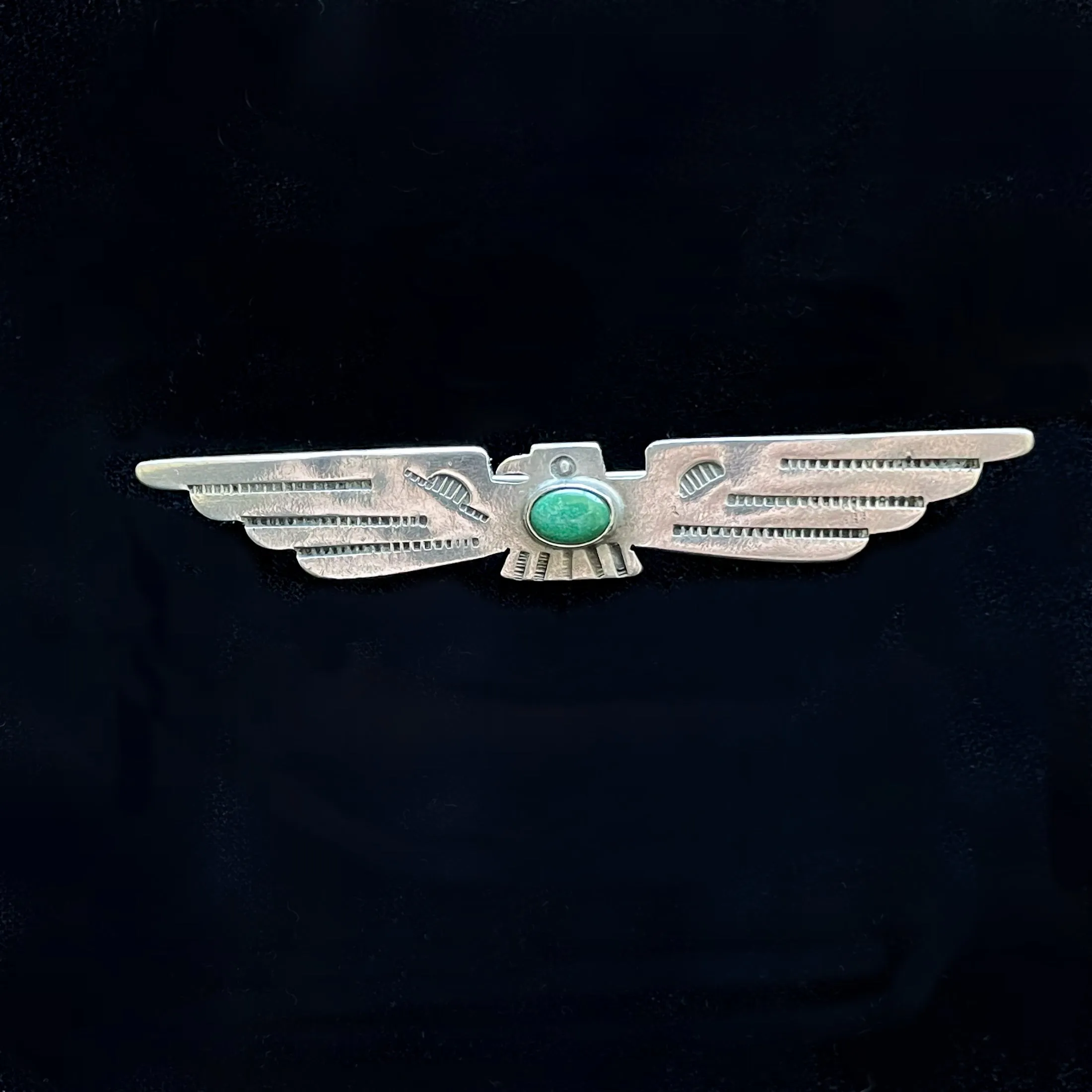 SOLD Vintage Silver Thunderbird Fred Harvey Era Brooch, Turquoise Stamped Pin