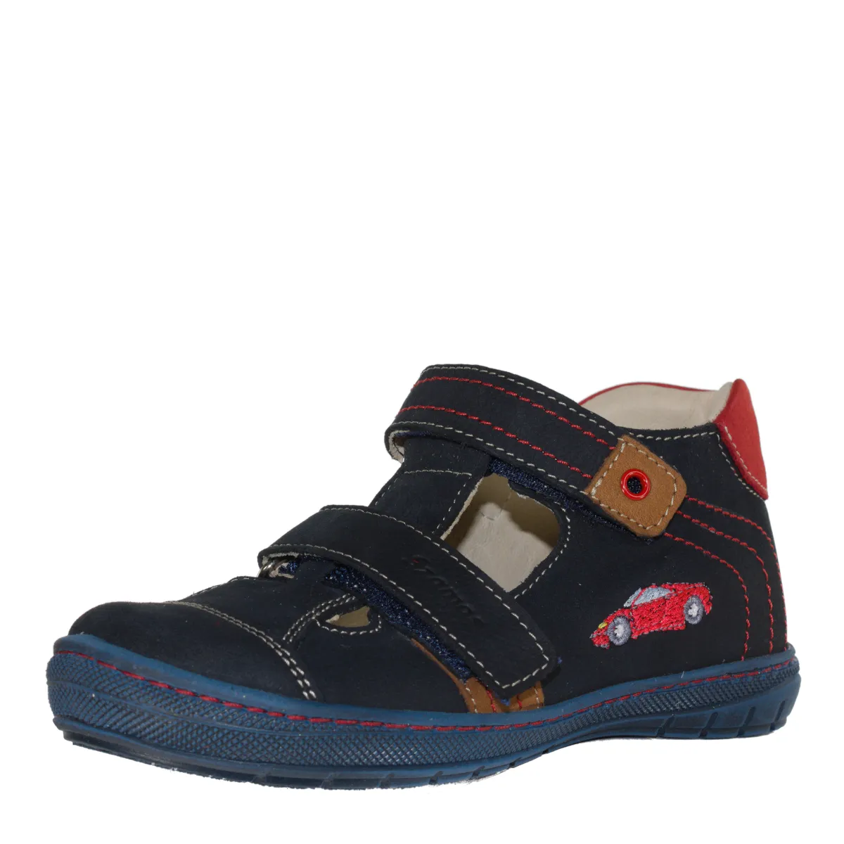 Szamos kid boy sandals in dark blue color and race car pattern with double velcro strap toddler/little kid size