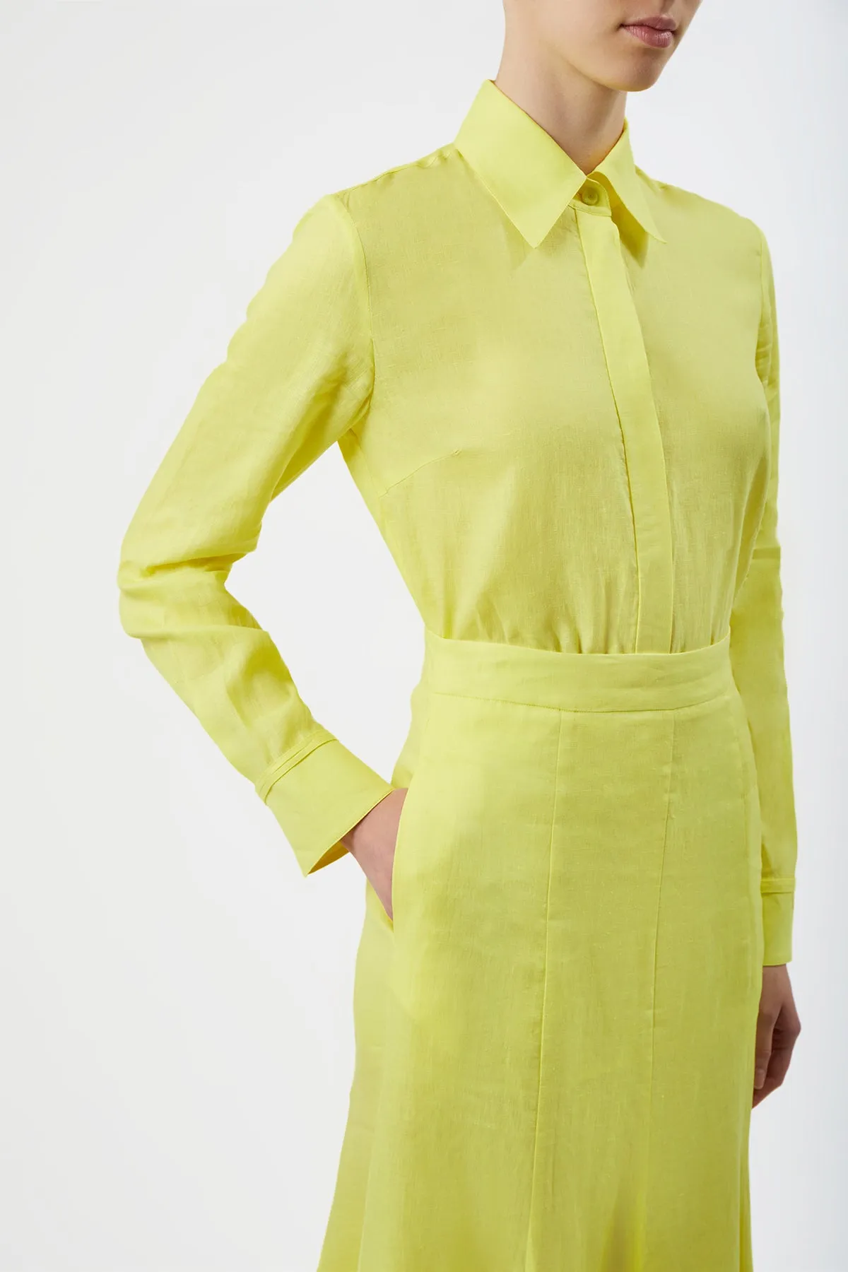 Tate Midi Skirt in Fluorescent Yellow Aloe Linen