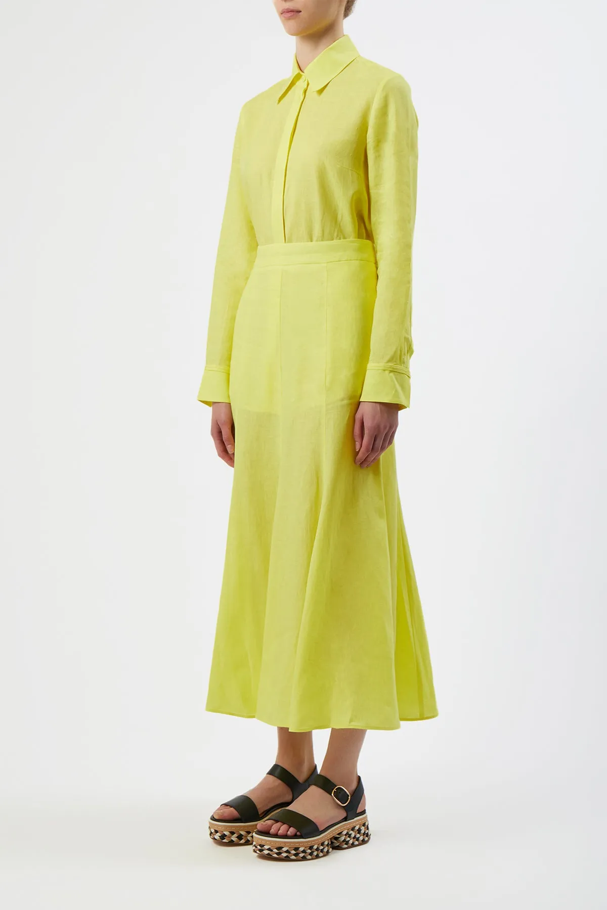 Tate Midi Skirt in Fluorescent Yellow Aloe Linen