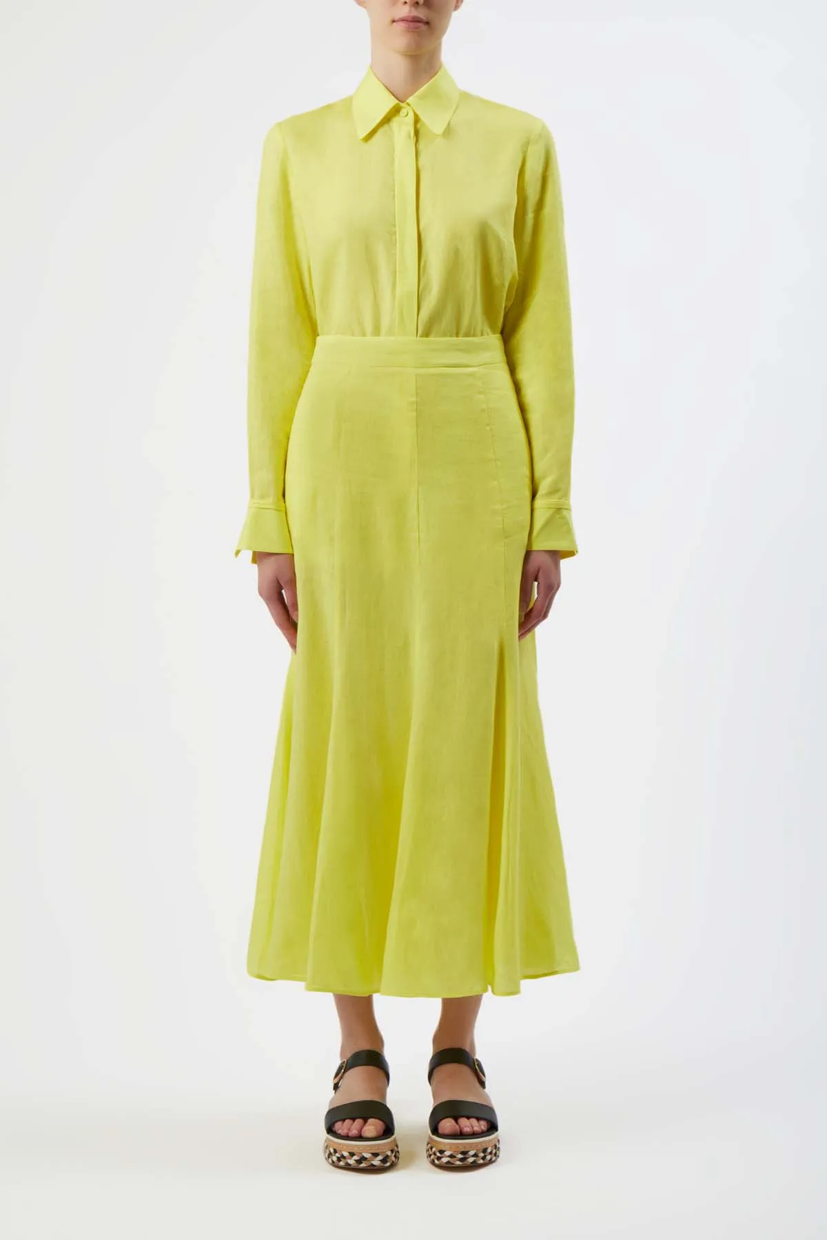 Tate Midi Skirt in Fluorescent Yellow Aloe Linen