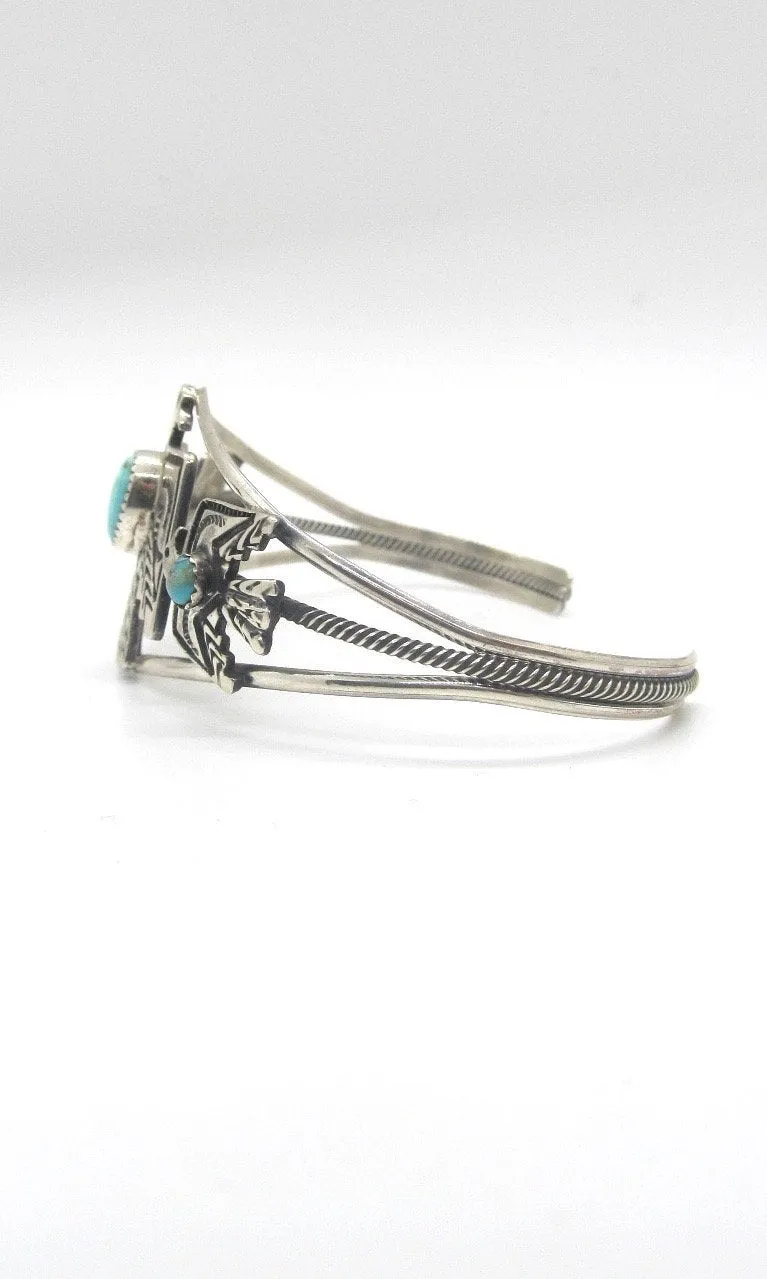 THUNDERBIRD Native American Sterling Silver & Turquoise Thunderbird Cuff Signed Sterling GRHE H