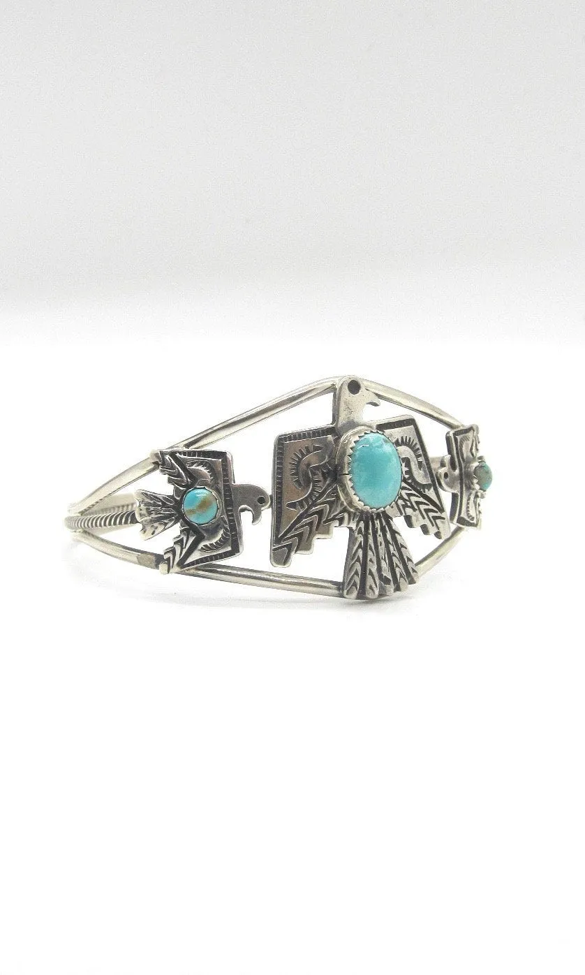 THUNDERBIRD Native American Sterling Silver & Turquoise Thunderbird Cuff Signed Sterling GRHE H