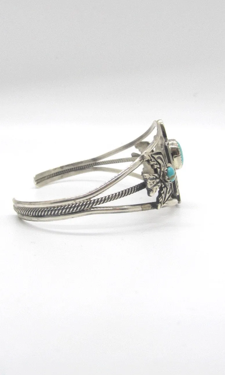 THUNDERBIRD Native American Sterling Silver & Turquoise Thunderbird Cuff Signed Sterling GRHE H