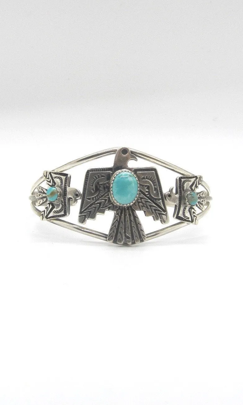 THUNDERBIRD Native American Sterling Silver & Turquoise Thunderbird Cuff Signed Sterling GRHE H