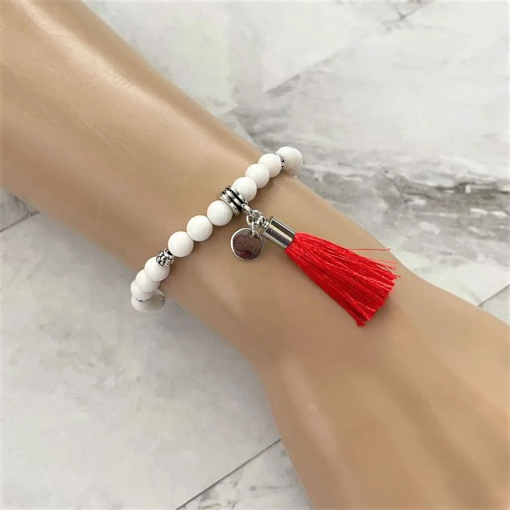 White Czech Glass Beaded Bracelet with Red Tassel