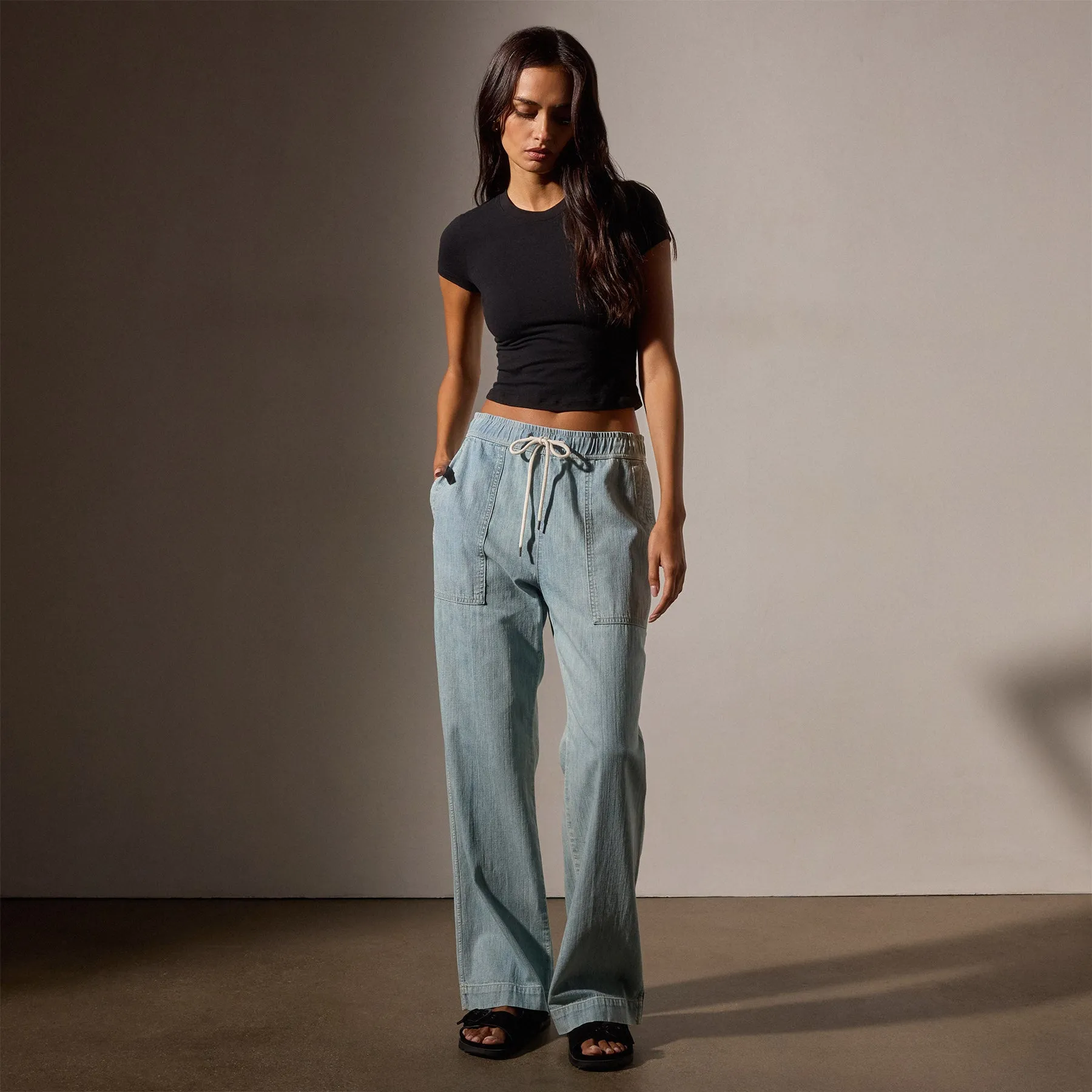 Wide Leg Pull On Denim Pant - Bleach Wash