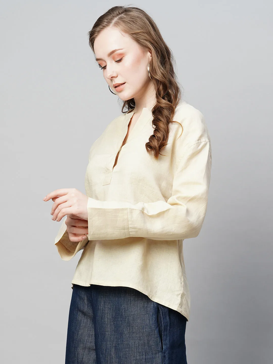 Women's Beige Linen Regular Fit Blouse