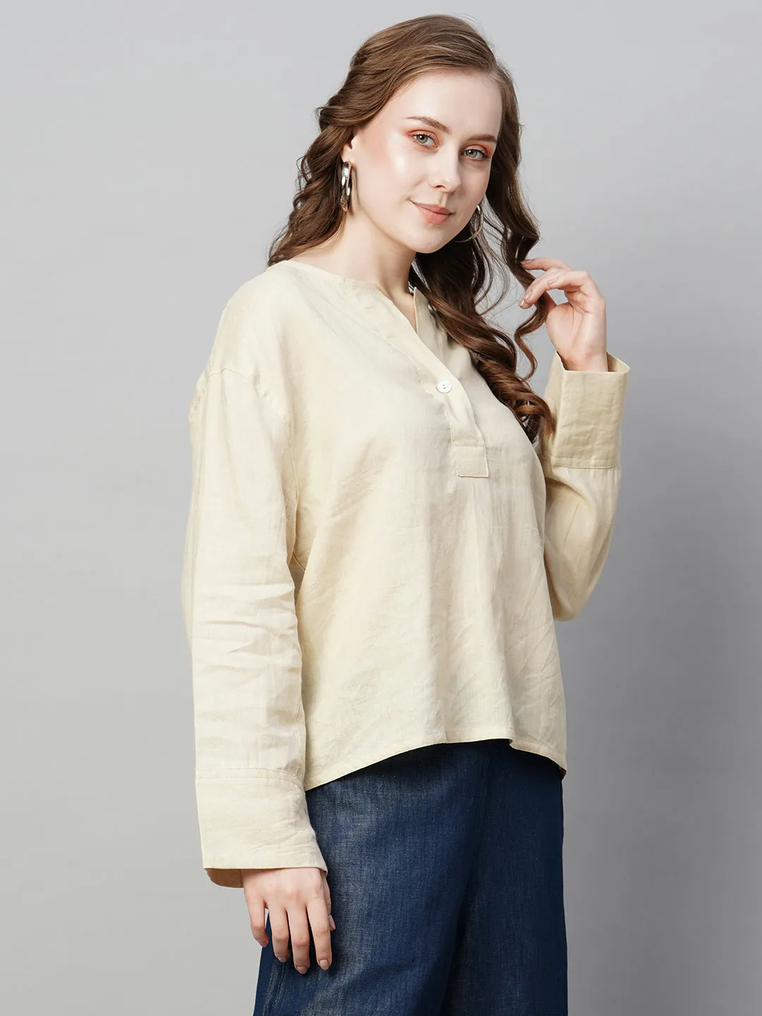 Women's Beige Linen Regular Fit Blouse