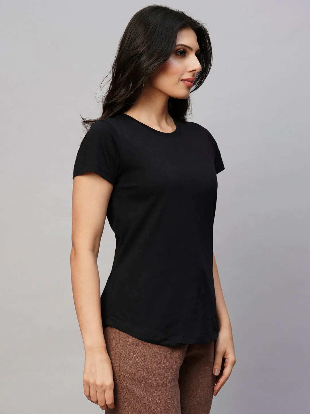 Women's Black Cotton Regular Fit Tshirt