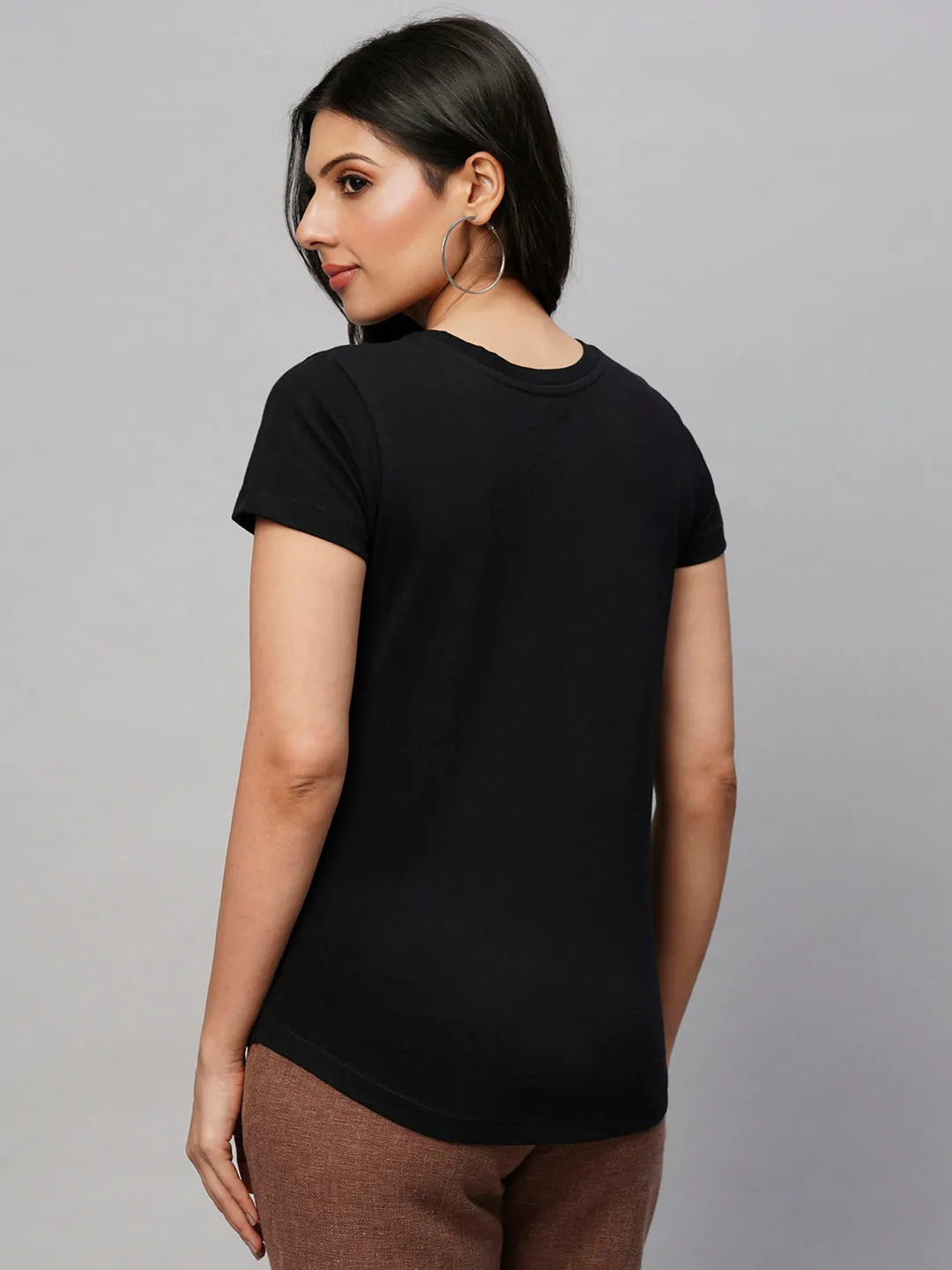 Women's Black Cotton Regular Fit Tshirt