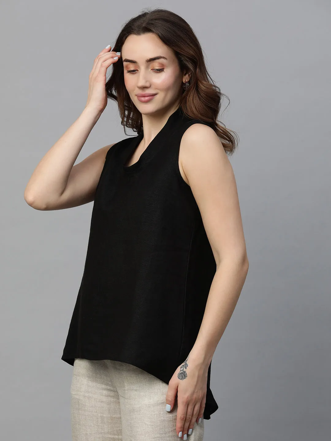 Women's Black Linen Regular Fit Blouse