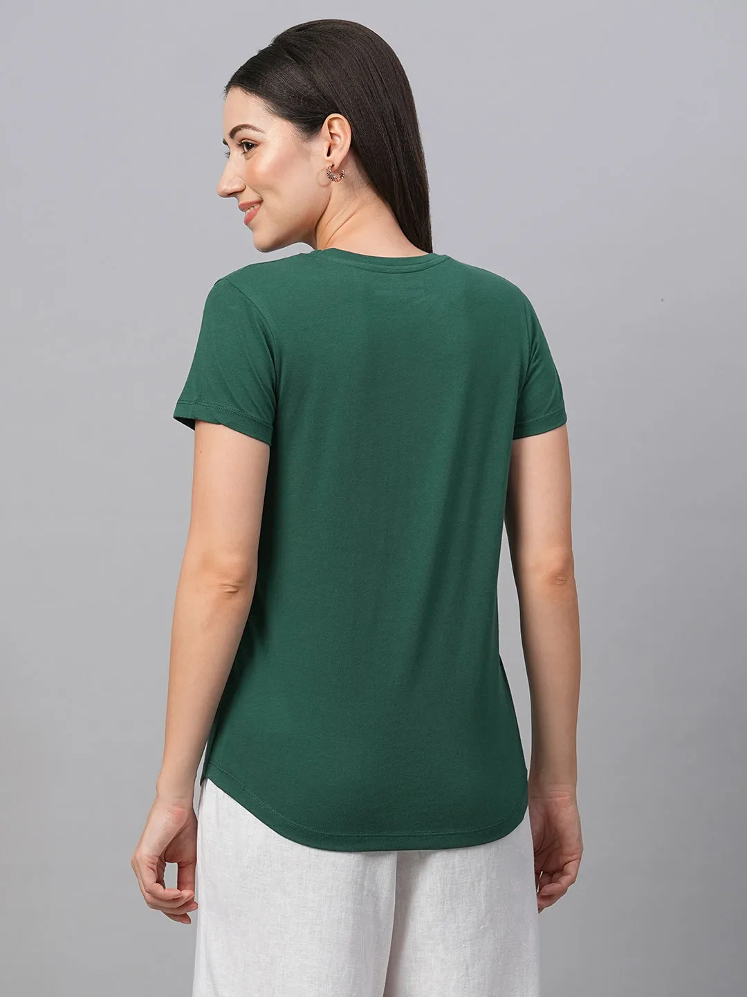 Women's Green Cotton Regular Fit Tshirt