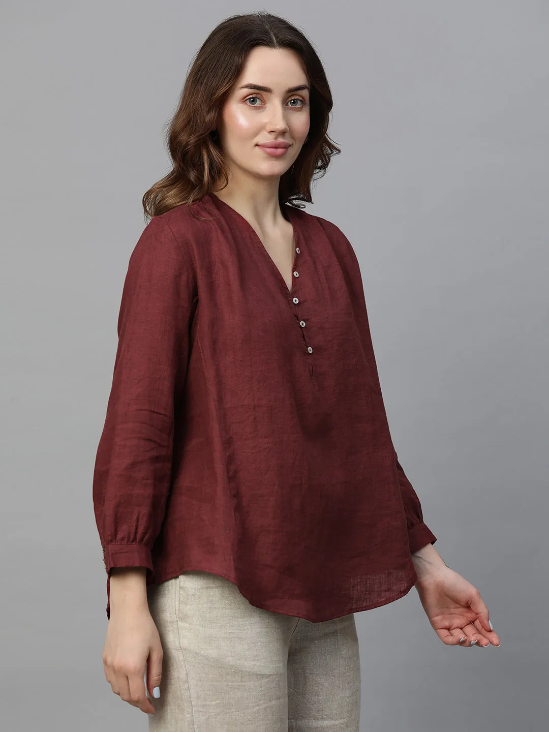 Women's Maroon Linen Regular Fit Blouse