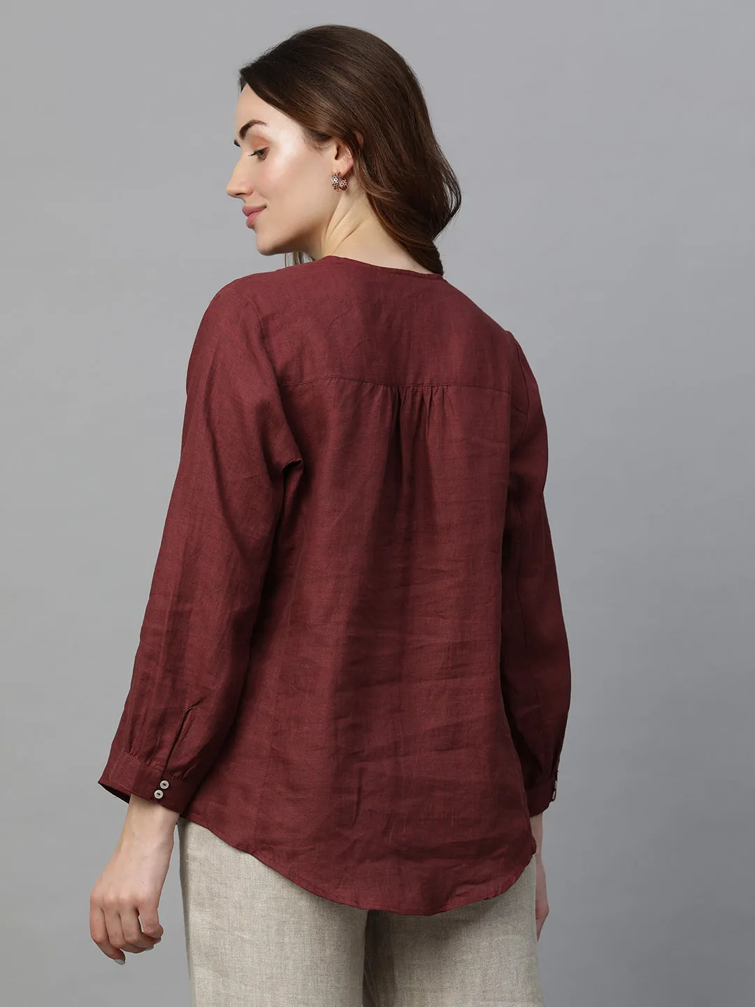 Women's Maroon Linen Regular Fit Blouse