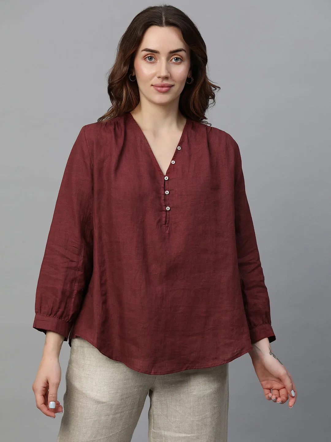 Women's Maroon Linen Regular Fit Blouse