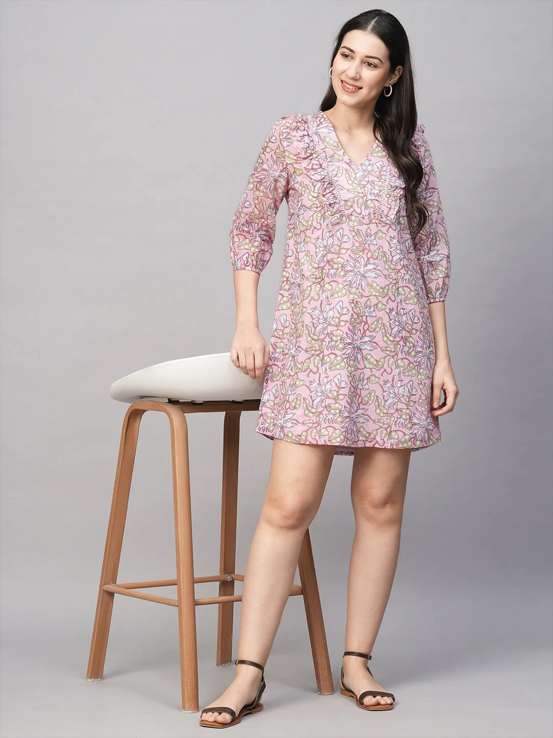 Women's Pink Cotton Regular Fit Dress