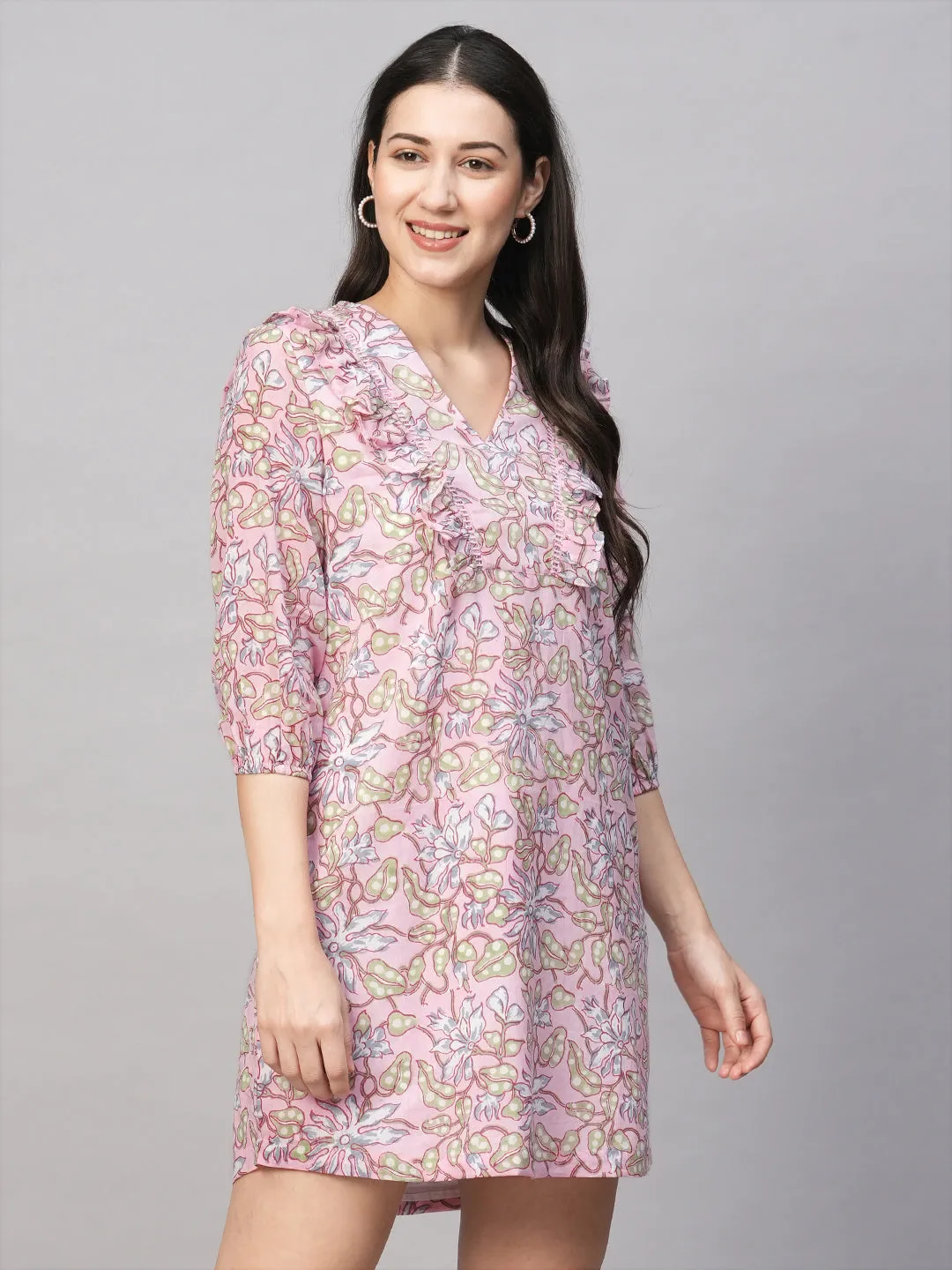 Women's Pink Cotton Regular Fit Dress