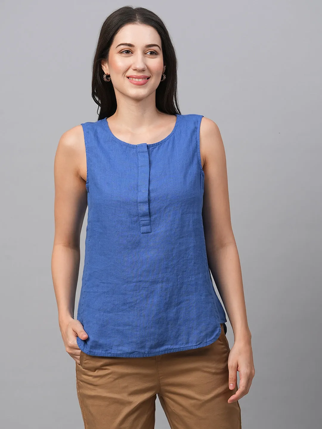 Women's Royalblue Linen Regular Fit Blouse