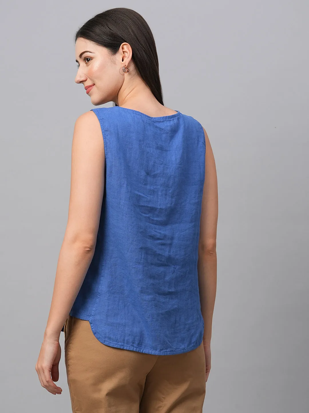 Women's Royalblue Linen Regular Fit Blouse