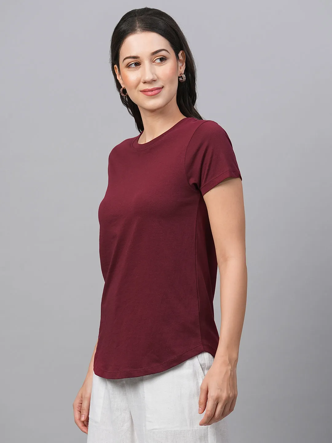 Women's Wine Cotton Regular Fit Tshirt