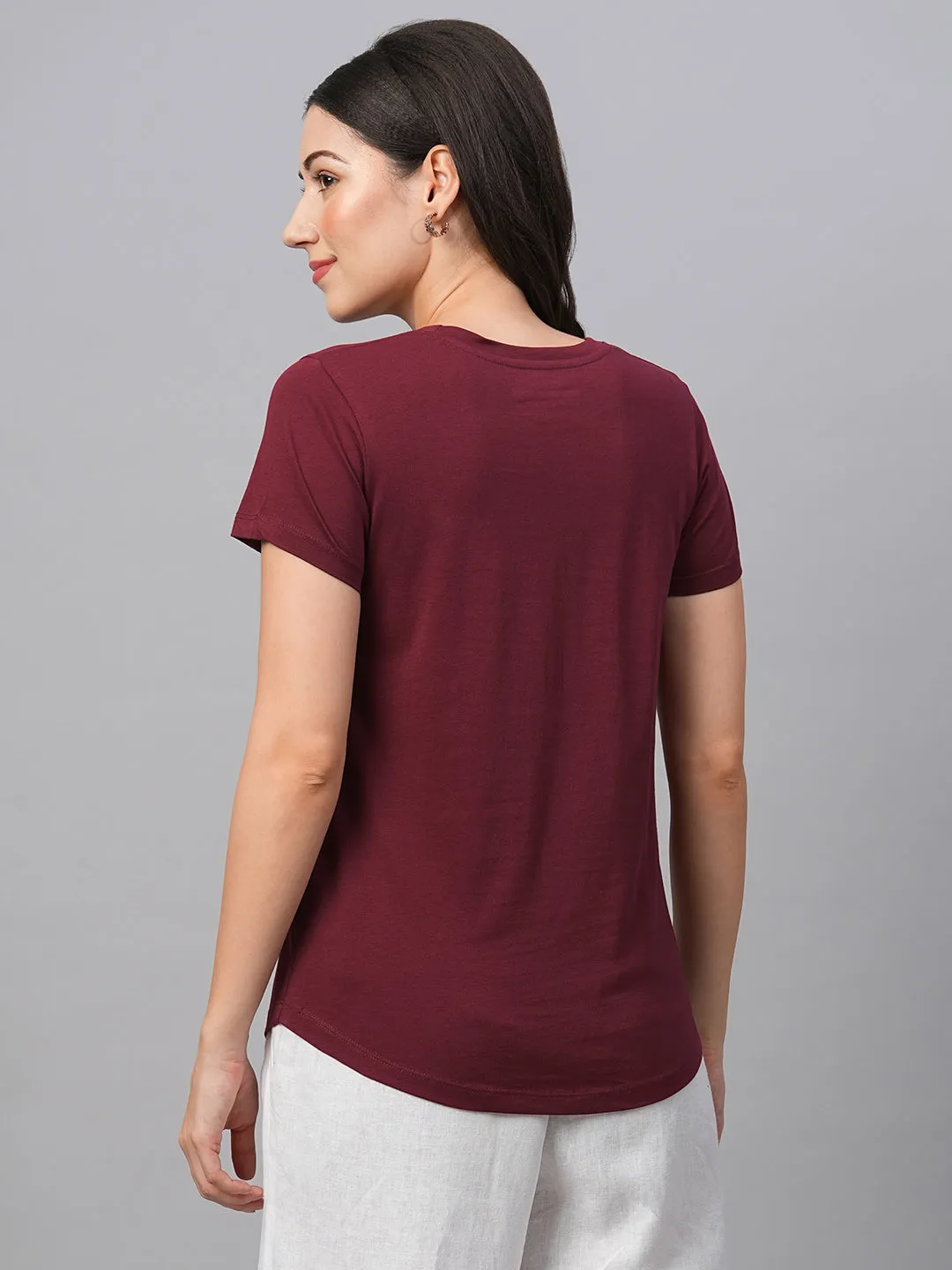 Women's Wine Cotton Regular Fit Tshirt