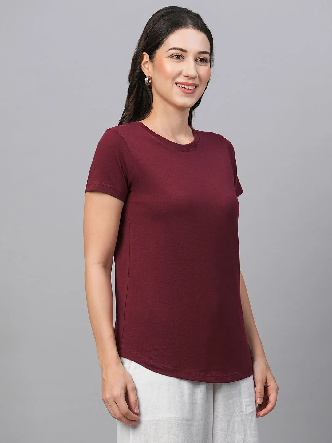 Women's Wine Cotton Regular Fit Tshirt