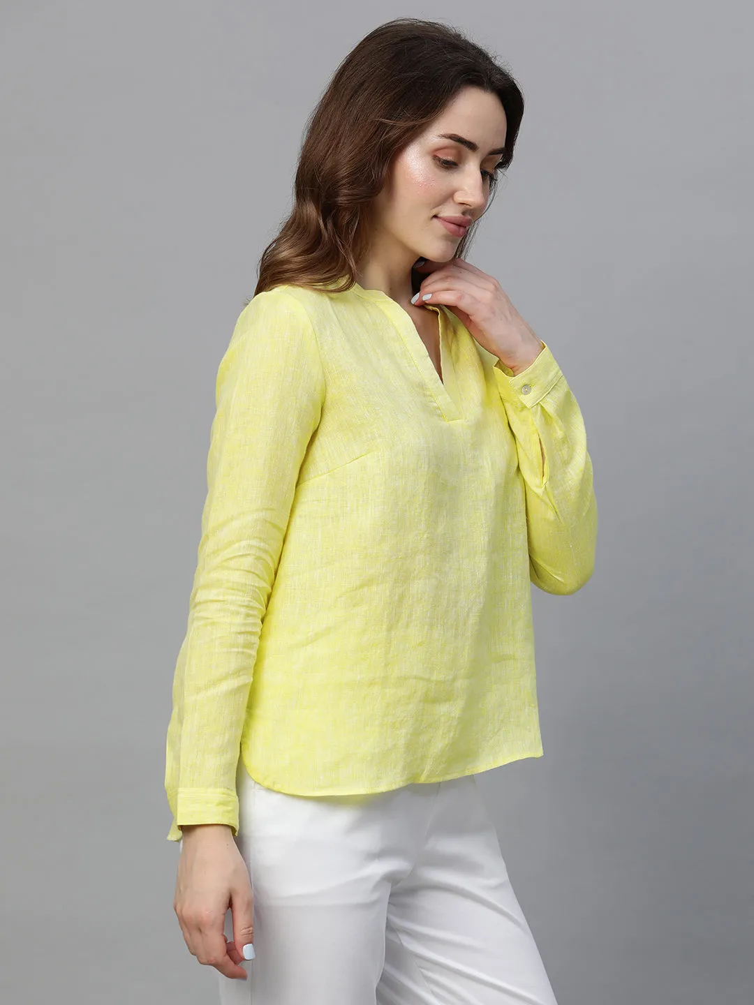 Women's Yellow Linen Regular Fit Blouse