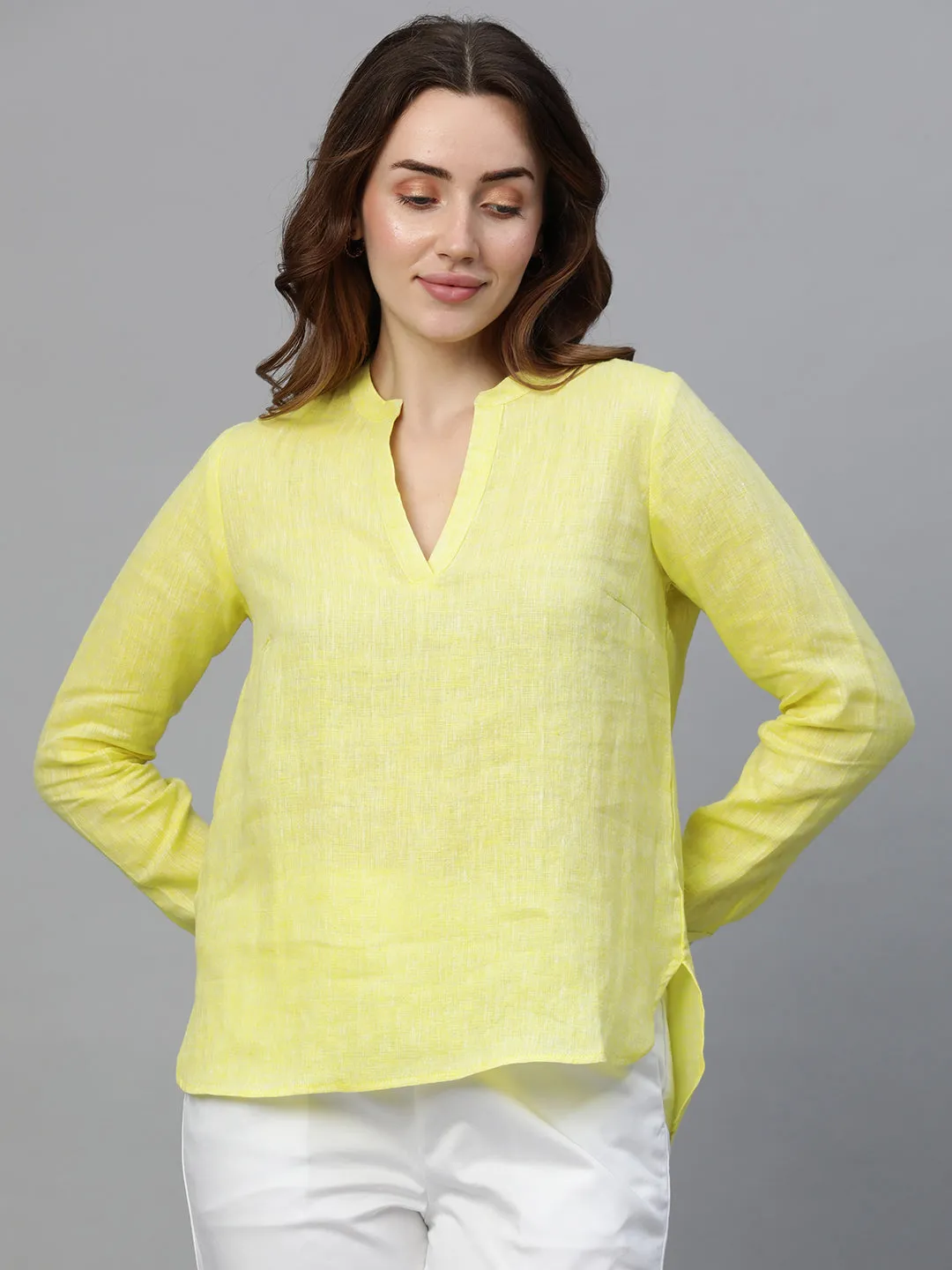 Women's Yellow Linen Regular Fit Blouse