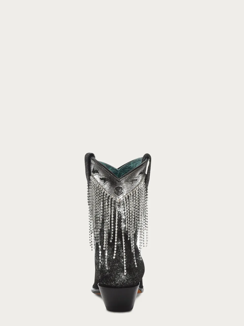 Z5252-WOMEN'S CRYSTALS FRINGE BLACK AND SILVER SNIP TOE ANKLE BOOT