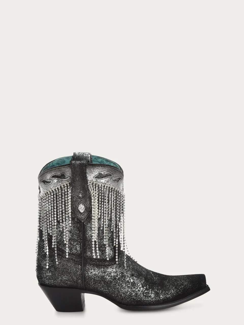 Z5252-WOMEN'S CRYSTALS FRINGE BLACK AND SILVER SNIP TOE ANKLE BOOT